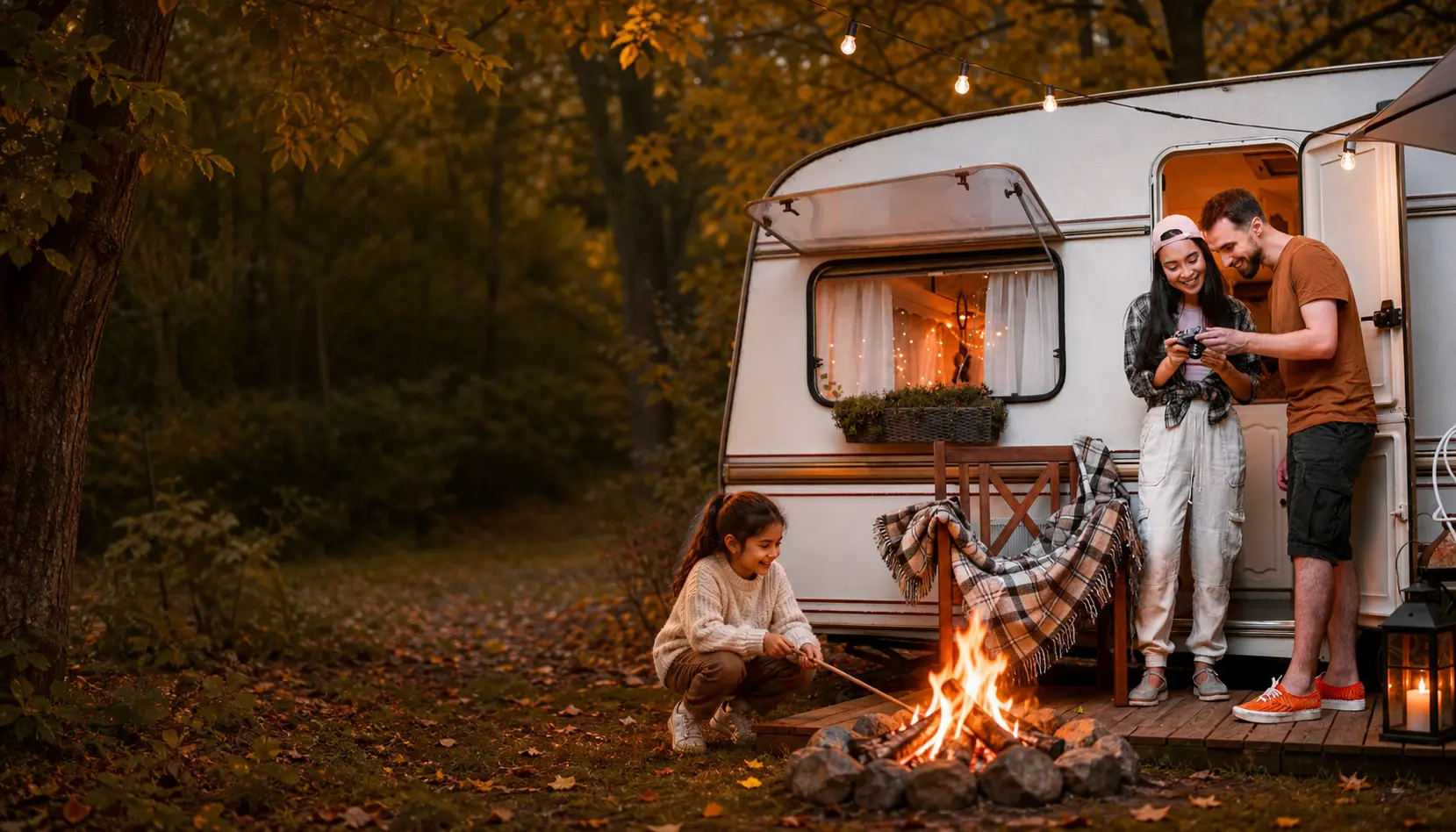 Family enjoying a campfire beside their trailer